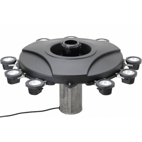 Oase AirFlo LM floating lake aerator fitted with LED fountain lighting creating an illuminated water display