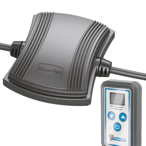 Close-up of the SuperFish Pond ECO Next RC control unit and remote with digital display and adjustable flow buttons