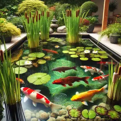 A beautifully maintained koi pond with clear water, surrounded by aquatic plants like water lilies and cattails. Vibrant koi swim near the surface in a serene, balanced environment with stable pH levels, showcasing a healthy and thriving ecosystem.