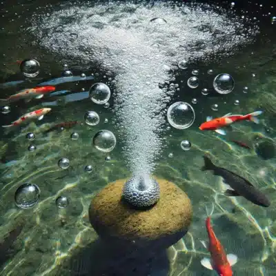An air stone at the bottom of a koi pond, releasing bubbles that help aerate the water and increase dissolved oxygen levels.