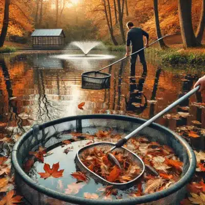 An autumn pond with floating leaves, netting, and a person removing leaves with a pond skimmer.