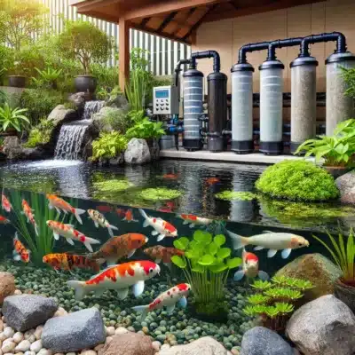 A koi pond with a biological filtration system, showing clear water and vibrant koi swimming near the surface, supported by stable water hardness and pH levels.