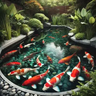 A deep koi pond with clear water, offering a stable temperature and oxygen-rich environment for koi to thrive year-round.