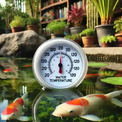 A floating temperature gauge on the surface of a koi pond, with clear water and koi swimming beneath. The gauge shows an optimal water temperature range for koi, with aquatic plants in the background.