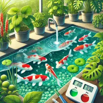 A koi pond with aquatic plants lining the edges, clear water, and vibrant koi swimming near the surface, demonstrating a balanced environment with stable water hardness and pH.