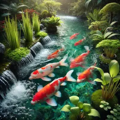 Koi fish swimming in a well-aerated pond with clear water and vibrant aquatic plants, showing the effects of proper oxygenation.