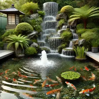 A koi pond with a waterfall and fountain, improving water circulation and oxygenation to support healthy koi in warm weather.