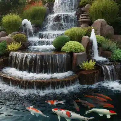 A koi pond with a waterfall and fountain, promoting aeration and increasing oxygen levels through surface agitation.