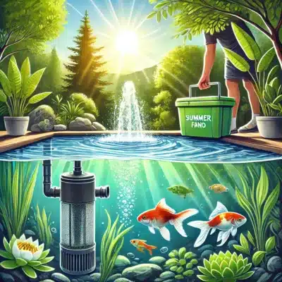 A summer pond with clear water, green aquatic plants, and a fountain aerator, with a person checking the filter.
