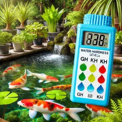 Water testing equipment being used to measure water hardness levels in a koi pond, with clear water and koi swimming near the surface.