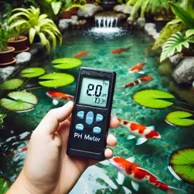 A digital pH meter displaying an ideal reading for koi pond water, ensuring a stable and healthy environment for the fish.