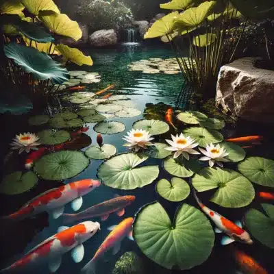 Water lilies floating in a koi pond, providing natural shade and helping to cool the water temperature in warm weather.