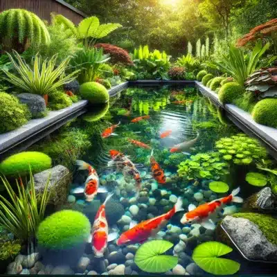 A well-aerated koi pond with clear water, showcasing healthy koi and vibrant aquatic plants supported by proper oxygen levels.