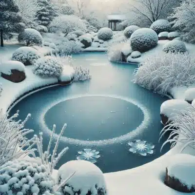 A frozen pond fully covered in ice, surrounded by snow and peaceful winter scenery.