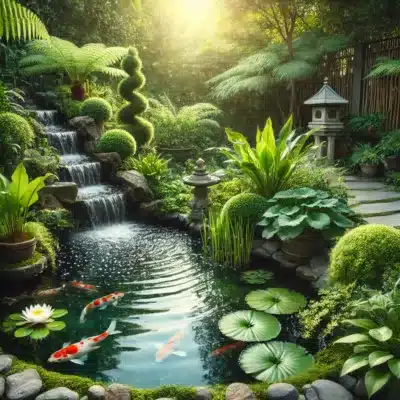 Pond Maintenance Tips and Guides Tranquil garden pond with clear water, koi fish swimming, surrounded by lush greenery and vibrant plants like water lilies and ferns, featuring a small waterfall under soft sunlight.
