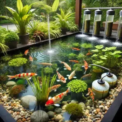 A koi pond with a well-maintained filtration system and aquatic plants, showing vibrant koi swimming in clear water with a balanced ecosystem.