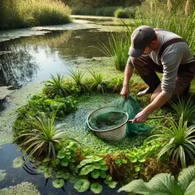 A person testing the water quality of a wildlife pond using a test kit, measuring pH and ammonia levels for pond health.