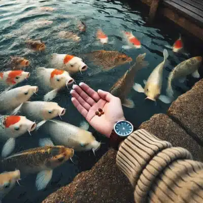A person’s hand feeding koi fish at the edge of a pond, helping build trust through interaction.