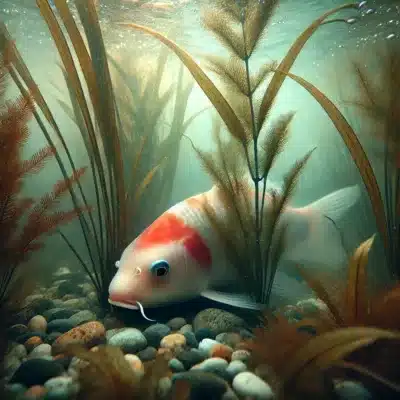 Shy koi fish hiding under water plants in a garden pond, avoiding human interaction.