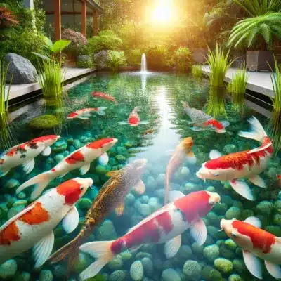 A well-maintained koi pond with crystal clear water, demonstrating optimal water quality.