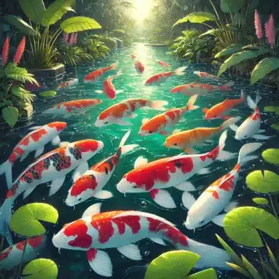 Confident koi fish swimming freely in a pond, interacting with their surroundings without fear.