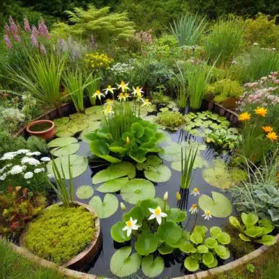 A selection of native pond plants including water lilies, marsh marigolds, and pondweed, essential for oxygenation and habitat creation.