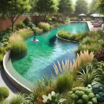 A natural swim pond with a plant zone for filtration, offering both recreational space and habitat support.