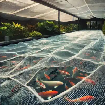 Protective netting installed over a koi pond to prevent predators and provide koi with a safe environment.