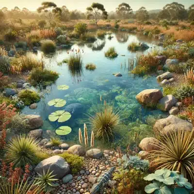 Diverse wildlife pond with shallow areas, rocks, and plants, supporting breeding cycles and providing shelter for local wildlife.