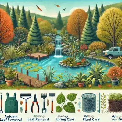 A seasonal maintenance approach for a wildlife pond, showing autumn leaf removal, spring plant care, and winter preparations.