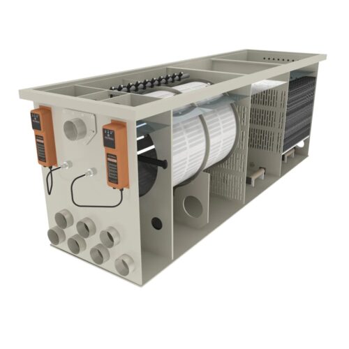 Filtreau 80/100 XXL inline drum filter with side cut out showing drum chamber and bio chamber