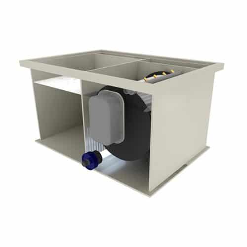 Rear side cutaway of Filtreau Combi-2 Gravity Drum Filter showing stainless steel drum, moving bed media bay and UV module