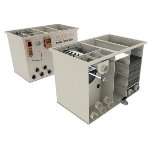 Front and rear view of Filtreau Excellent Combi Drum 30/50 Gravity Fed drum filter showing inlet outlets and internal layout