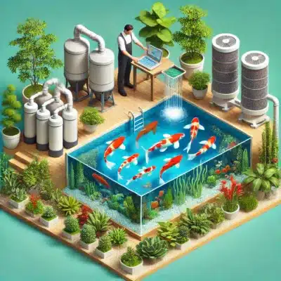 A well-maintained koi pond with vibrant koi swimming in clear water, surrounded by healthy aquatic plants and modern filtration equipment, showcasing expert care for inherited koi ponds.