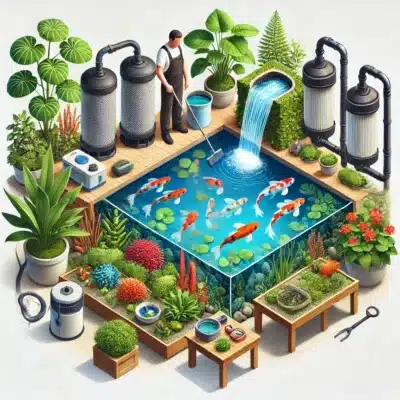 A koi pond being maintained with professional tools and equipment, showcasing vibrant koi in a holding tank, healthy aquatic plants, and a clean, well-cared-for environment. Ideal for ensuring inherited koi ponds thrive.