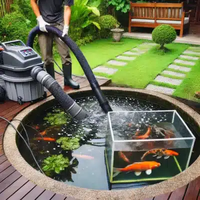 Professional pond cleaning in progress, showcasing debris removal from a partially drained pond, koi temporarily relocated to an aerated holding tank, and equipment like a pond vacuum in use within a lush garden setting.
