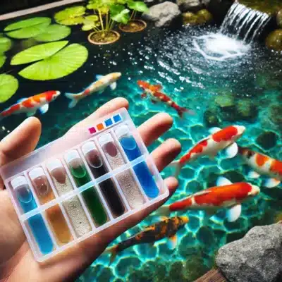 Close-up of a person using a pond water test kit beside a koi pond, with vibrant test tube colours indicating water quality and healthy koi fish visible in the background. Perfect for assessing an inherited koi pond.