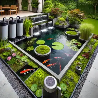 An upgraded koi pond with modern filtration systems, a decorative waterfall, vibrant aquatic plants like water lilies, and sleek aeration equipment, surrounded by lush greenery for a serene and enhanced environment.