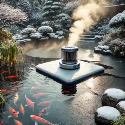 A floating pond heater keeping a small area of a pond free from ice during winter for gas exchange.
