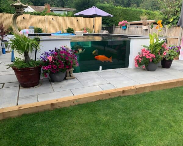 Custom koi pond with reinforced fibreglass shell built by That Pond Guy in Kent, designed for beauty, durability, and optimal koi health.