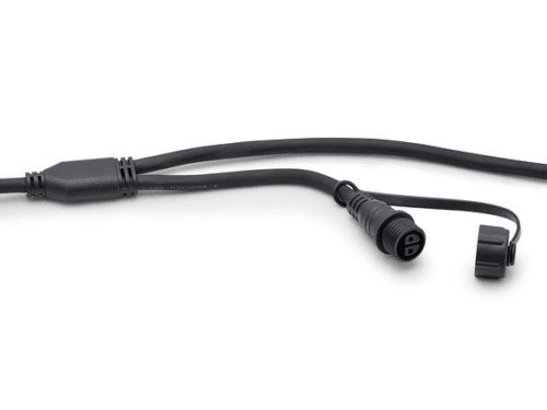 A close-up view of the Oase LunAqua Connect Outlet Extension Cable 10m, displaying its weatherproof IP67-rated outlets and blanking caps, ensuring a safe and durable outdoor lighting connection.