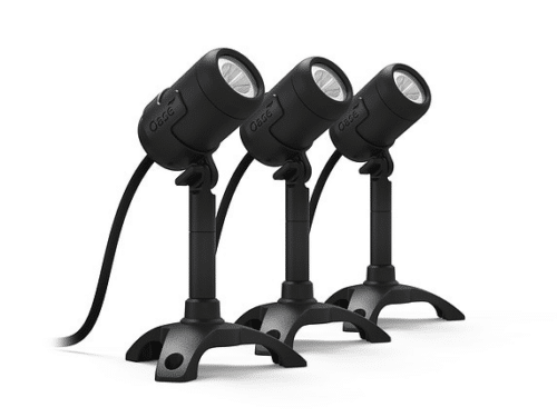 Three LunAqua Connect LED spotlights mounted on sturdy bases, ready for installation in ponds, gardens, and outdoor spaces.