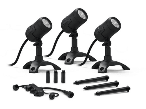 LunAqua Connect LED Set 3 with three LED spotlights, ground stakes, mounting bases, and a triple distributor for flexible outdoor lighting installation.