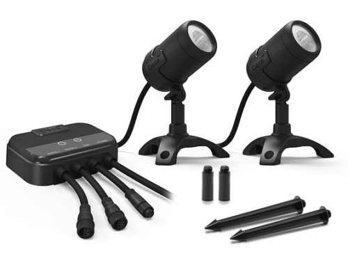 LunAqua Connect Starter Set Controllable featuring two LED spotlights, an OASE Switch controller, ground stakes, and accessories for smart garden and pond lighting.