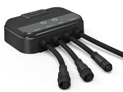 OASE Switch Controller with multiple connection ports for white and RGB lights, designed for smart app-controlled outdoor lighting systems.
