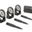 A complete set of OASE LunAqua Power LED Set 3 with three LED spotlights, support brackets, ground pegs, and a waterproof driver for pond and garden lighting.