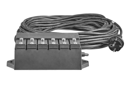 ProfiLux Garden LED Controller with multiple cable outputs and a coiled power cable, designed for controlling up to 4 RGB LED spotlights in pond and garden lighting setups.