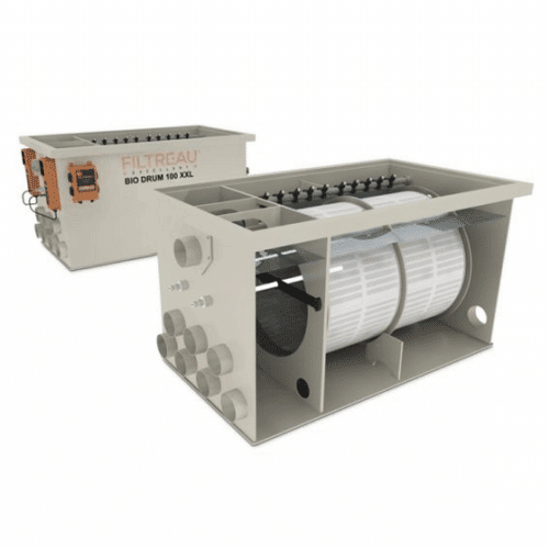 Close-up of Filtreau Excellent Bio Drum 100 XXL showing multiple inlets, outlets, and integrated control systems for advanced pond water filtration.