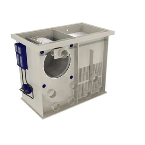 Internal view of Filtreau Combi 50XL drum filter showing 120 micron stainless steel drum, moving bed chamber and twin 40W Amalgam UV units