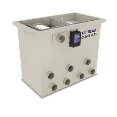 Front view of Filtreau Combi 50XL drum filter with built in rinse pump, twin 40W Amalgam UV units and 100 litres of included moving bed media